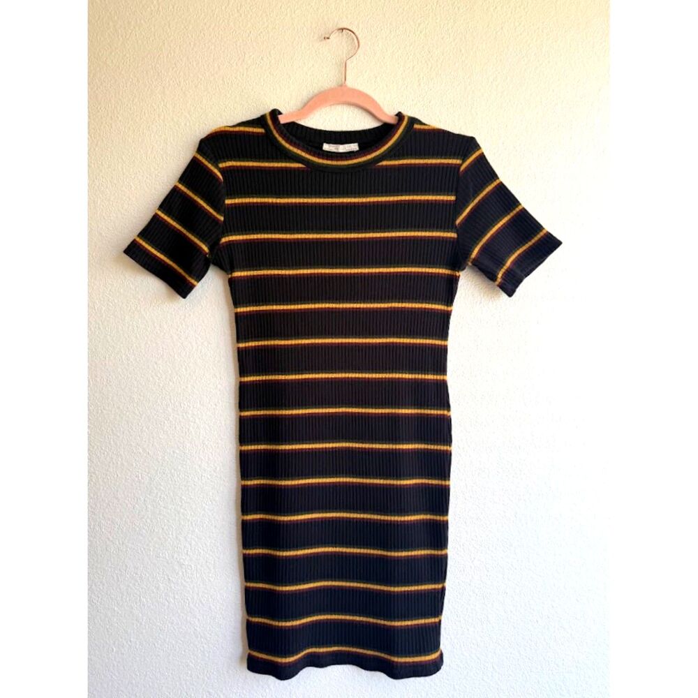 Zara Fitted Ribbed T Shirt Mini Dress in Black Yellow Red & Green Stripe size S